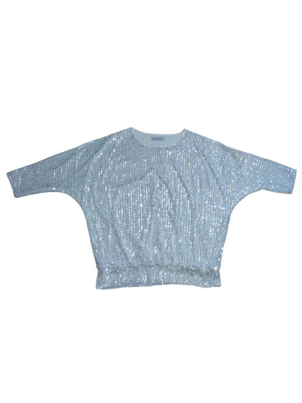 Jasambac Women's XL Silver Sequin Batwing Sleeve Top Glamorous Party Blouse.